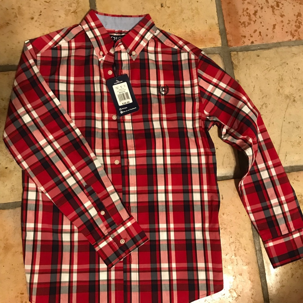 New CHAPS boys button up shirt red plaid 10/12